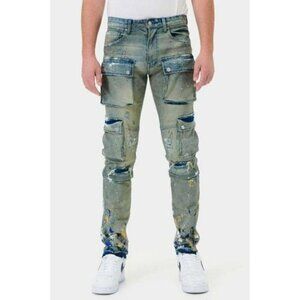 NWT Limited Edition First Row Mens Multi Cargo Slim Straight Jeans Sz 40